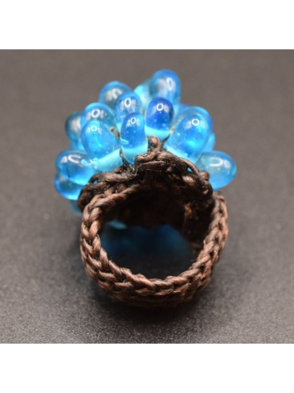 Handwoven Blue Glass Bead Ring Adjustable Boho Statement Jewelry